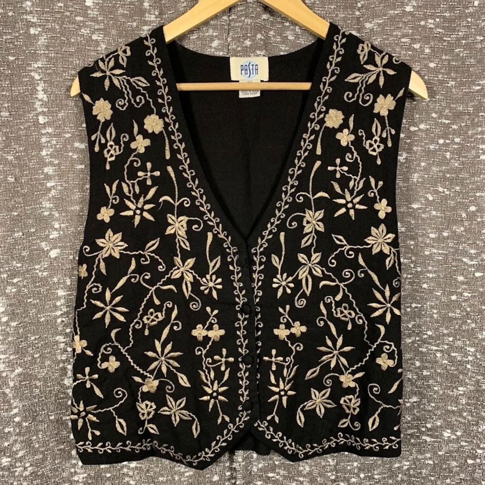 Vtg Pasta Black Embroidered Floral Vest Boho Indie Cottagecore Women's Medium
